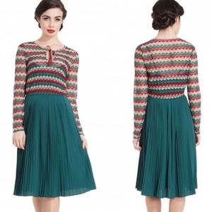 Voodoo Vixen Iris Tan Multi Chevron Pleated Retro Midi Dress Size Small